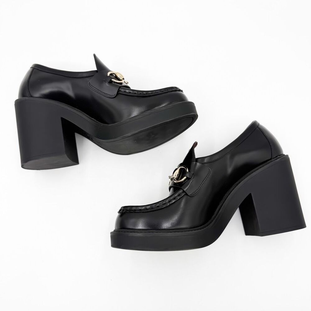 Gucci Platform Horsebit Loafers Black Leather Chunky Heel Pumps EU 38.5 US 8.5 - Picture 6 of 11